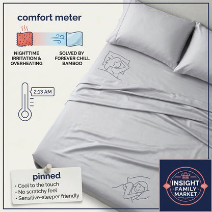 Gray bedding set with comfort meter graphic and 'Insight Family Market' logo.