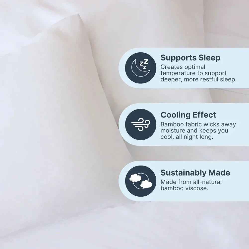 White cooling weighted blanket on bed with sleep support, cooling effect, and sustainable bamboo fabric benefits highlighted.