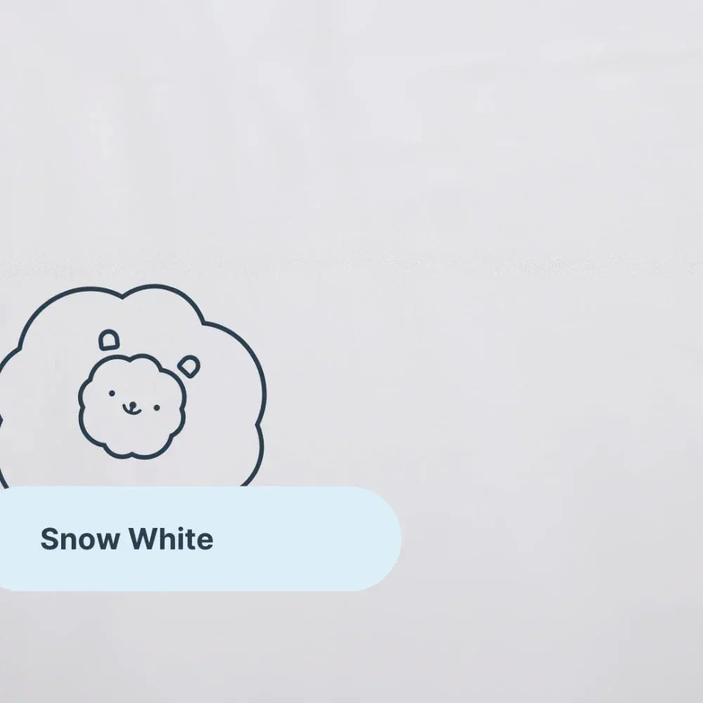 White knit cooling weighted blanket with cartoon sheep illustration and Snow White text