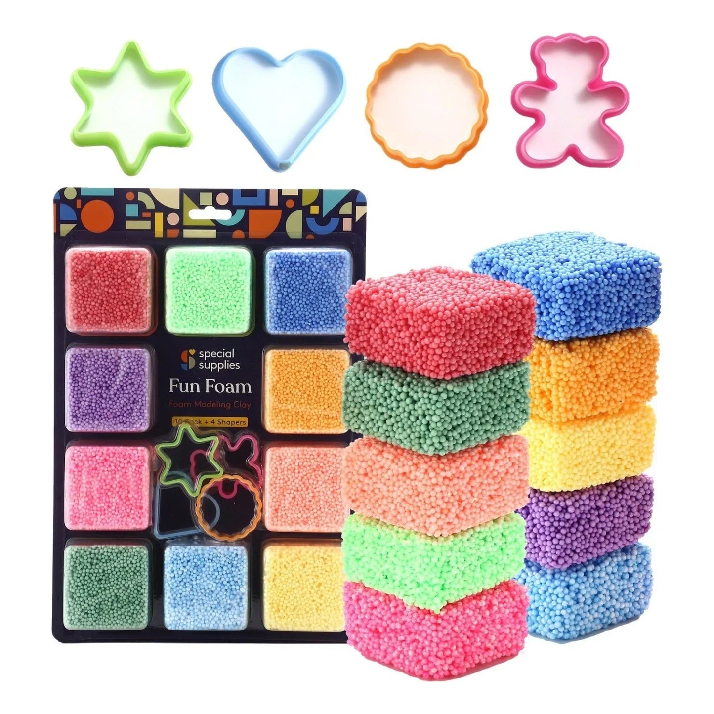 Colorful sensory foam modeling clay kit for kids with shape cutters, ideal for sensory play.