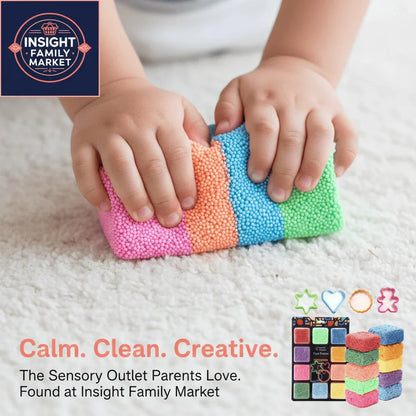 Child's hands playing with colorful, mess-free sensory foam blocks on soft carpet, calm play.