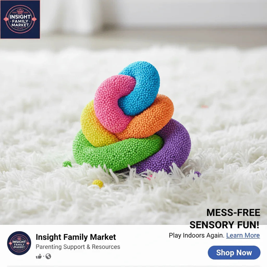 Colorful mess-free sensory play foam stacked on white carpet for indoor sensory fun