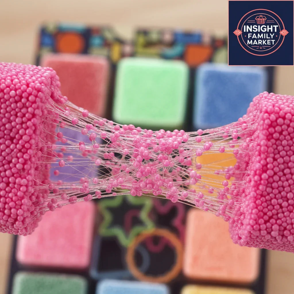 Colorful sensory putty being stretched in front of soft sensory play cubes