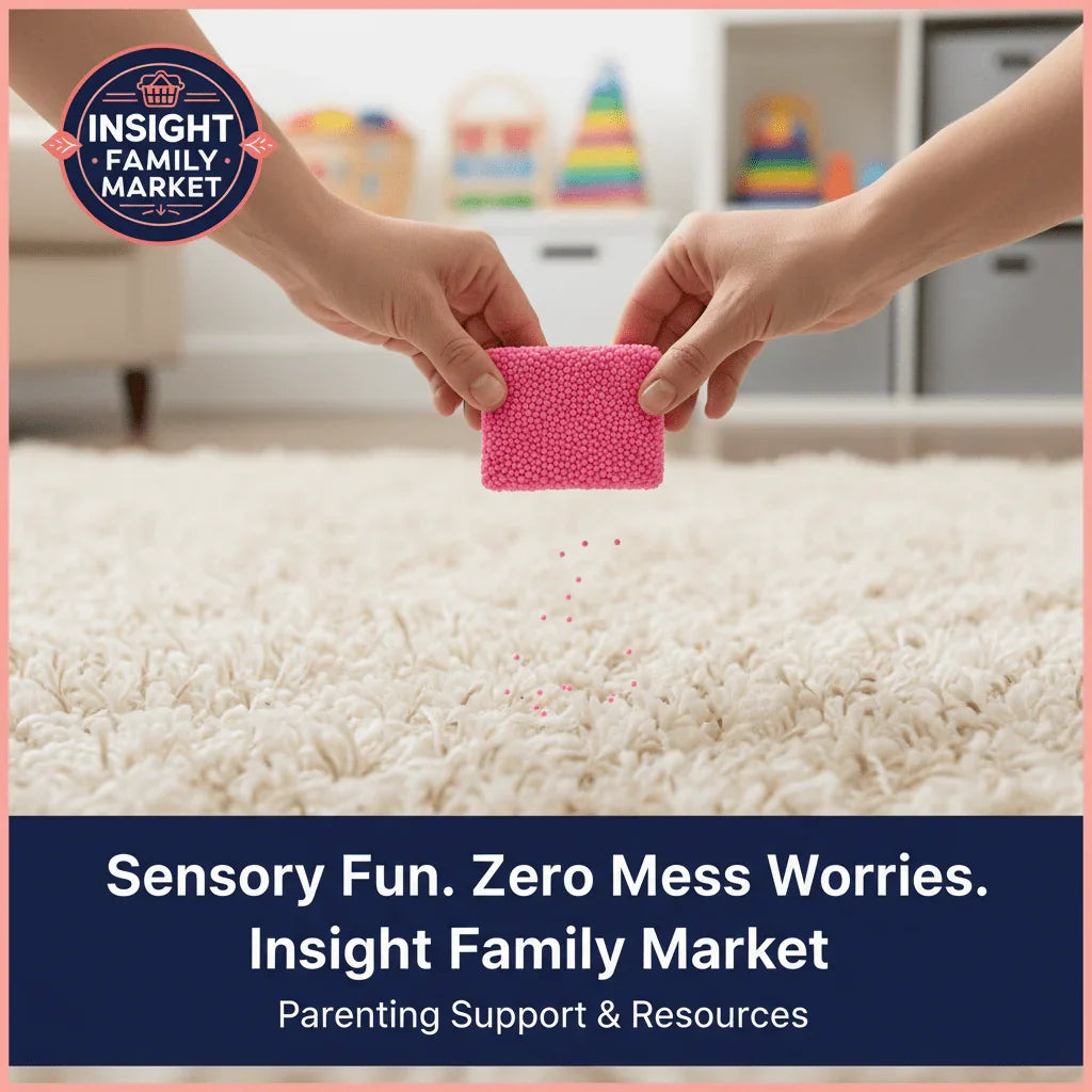 Hands holding pink sensory foam over carpet in a sensory-friendly playroom.
