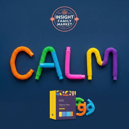 Colorful sensory tubes spelling 'CALM' on blue background with Giant Fun Tubes packaging