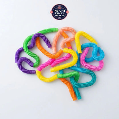Colorful sensory fidget tubes arranged in a brain shape on white background