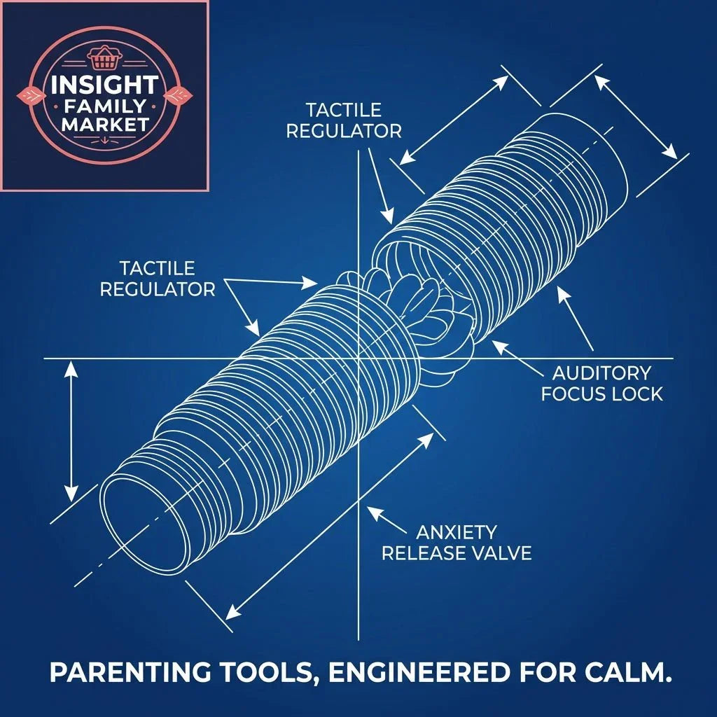 Blueprint illustration of a sensory pop tube with tactile regulators and anxiety release valve.