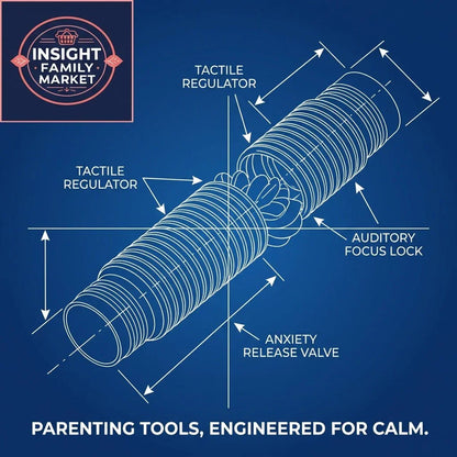 Blueprint illustration of a sensory pop tube with tactile regulators and anxiety release valve.