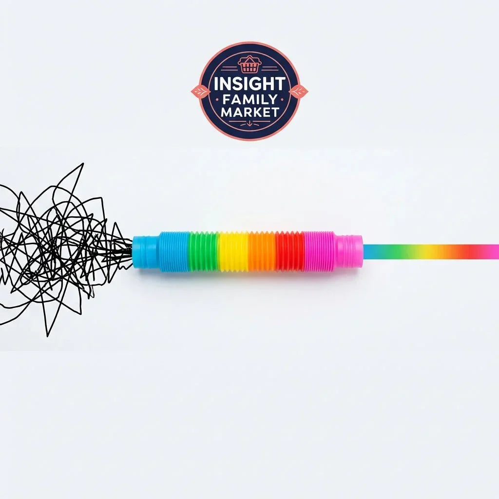 Rainbow sensory tube transforming chaos to calm, symbolizing sensory wellness support.