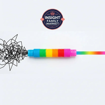 Rainbow sensory tube transforming chaos to calm, symbolizing sensory wellness support.