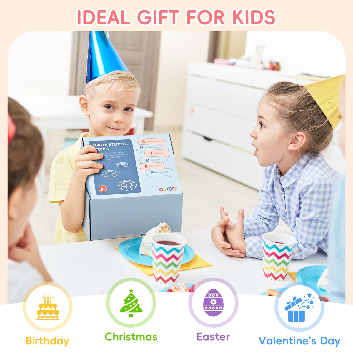 Children with a box labeled 'IDEAL GIFT FOR KIDS' in a festive setting.