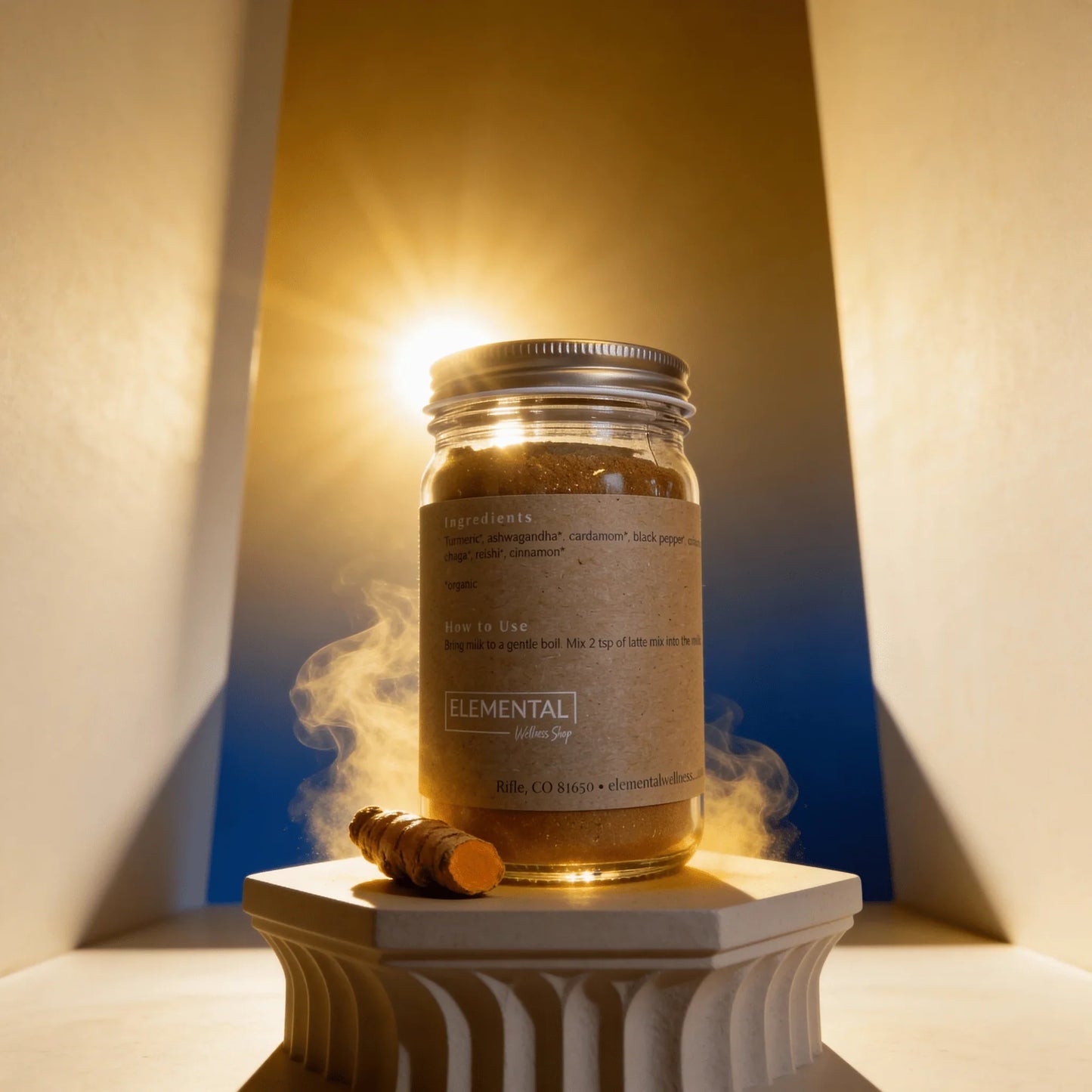 Jar of turmeric latte spice blend on pedestal with turmeric root, sunlight background, wellness focus