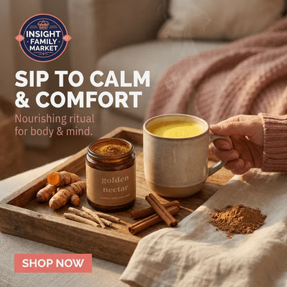 Hand holding mug of golden milk latte on a wooden tray with golden nectar powder, turmeric, and cinnamon sticks.