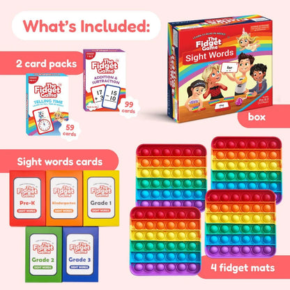 Educational fidget game set with sight word cards, math cards, and rainbow pop fidget mats