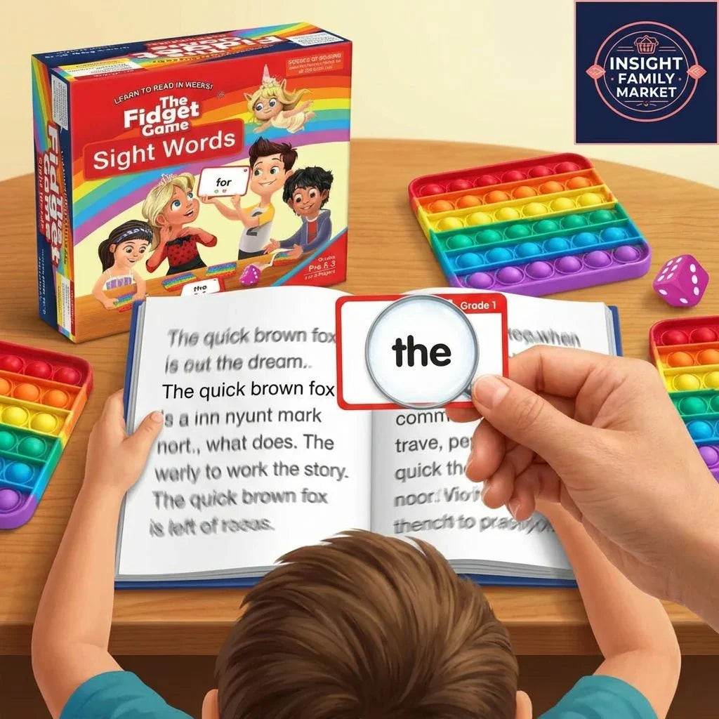 Child using sight word game with reading tools and sensory poppers for learning support.