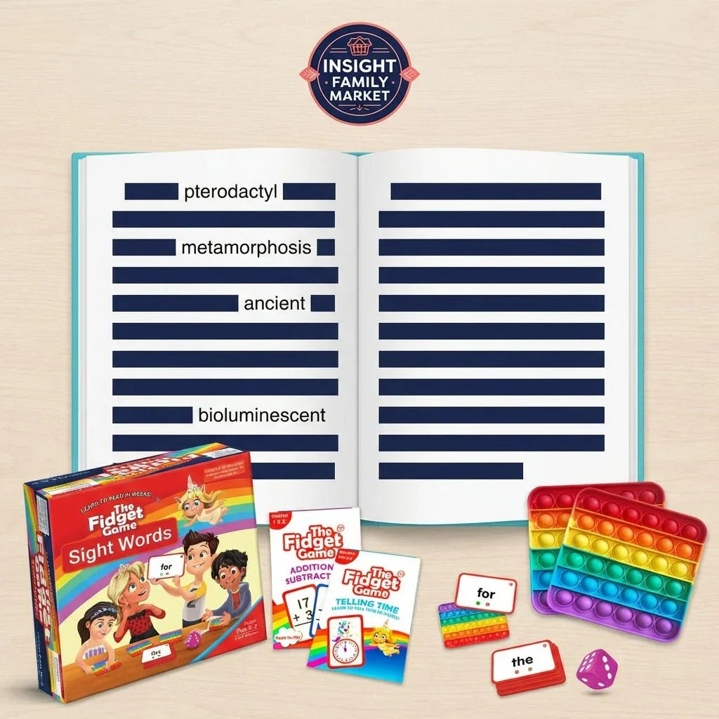 Educational reading and fidget toys set with open book, sight words cards, rainbow pop-its, math and time learning games for kids.