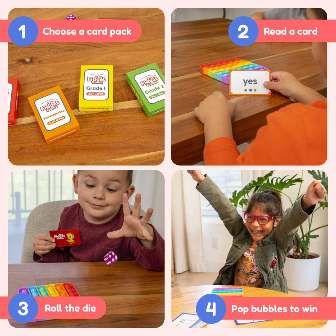 Children playing sight words game with grade-level card packs, pop it fidget toy, and dice.