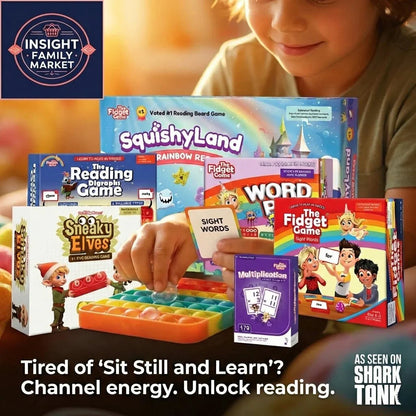 Child playing with sensory fidget toy and reading games for ADHD, autism, dyslexia support
