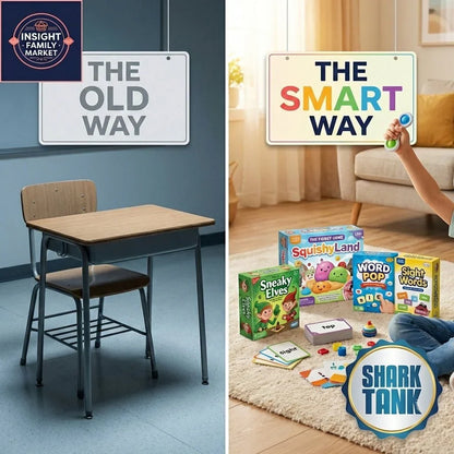 Side-by-side comparison of a traditional empty school desk versus a colorful play-based learning setup with educational games and sensory toys for kids.