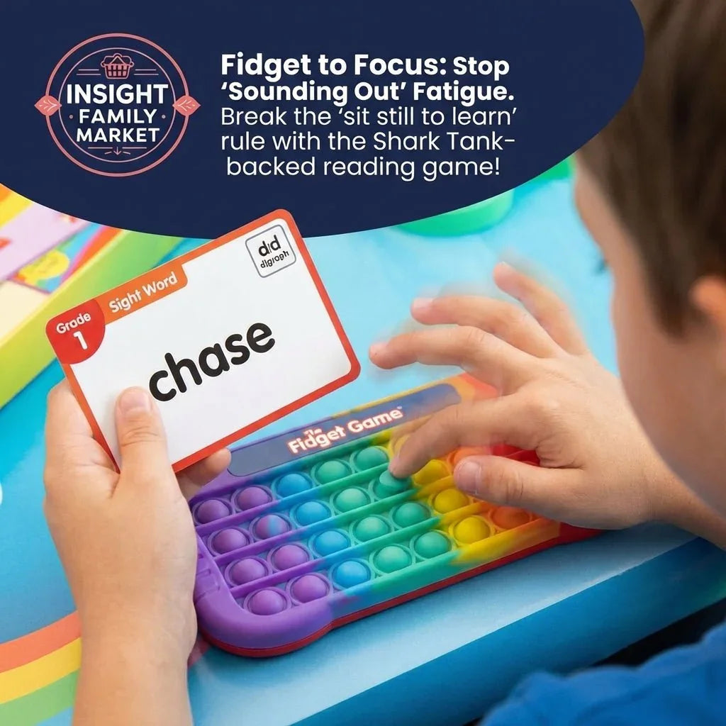 Child playing a colorful fidget reading game while holding a sight word card labeled 'chase'.