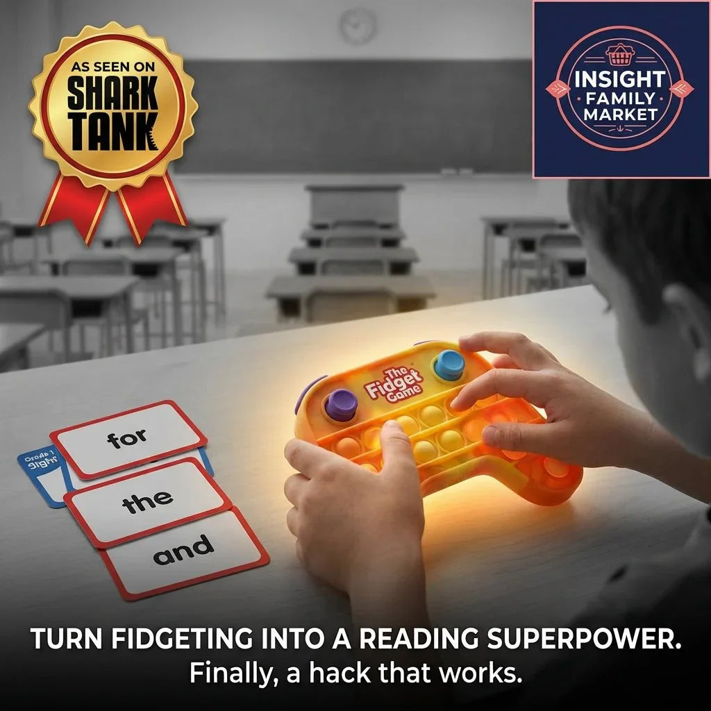 Child playing with The Fidget Game sensory reading tool and flashcards in a classroom.