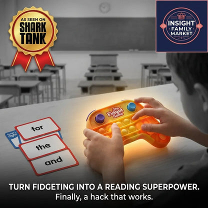 Child playing with The Fidget Game sensory reading tool and flashcards in a classroom.