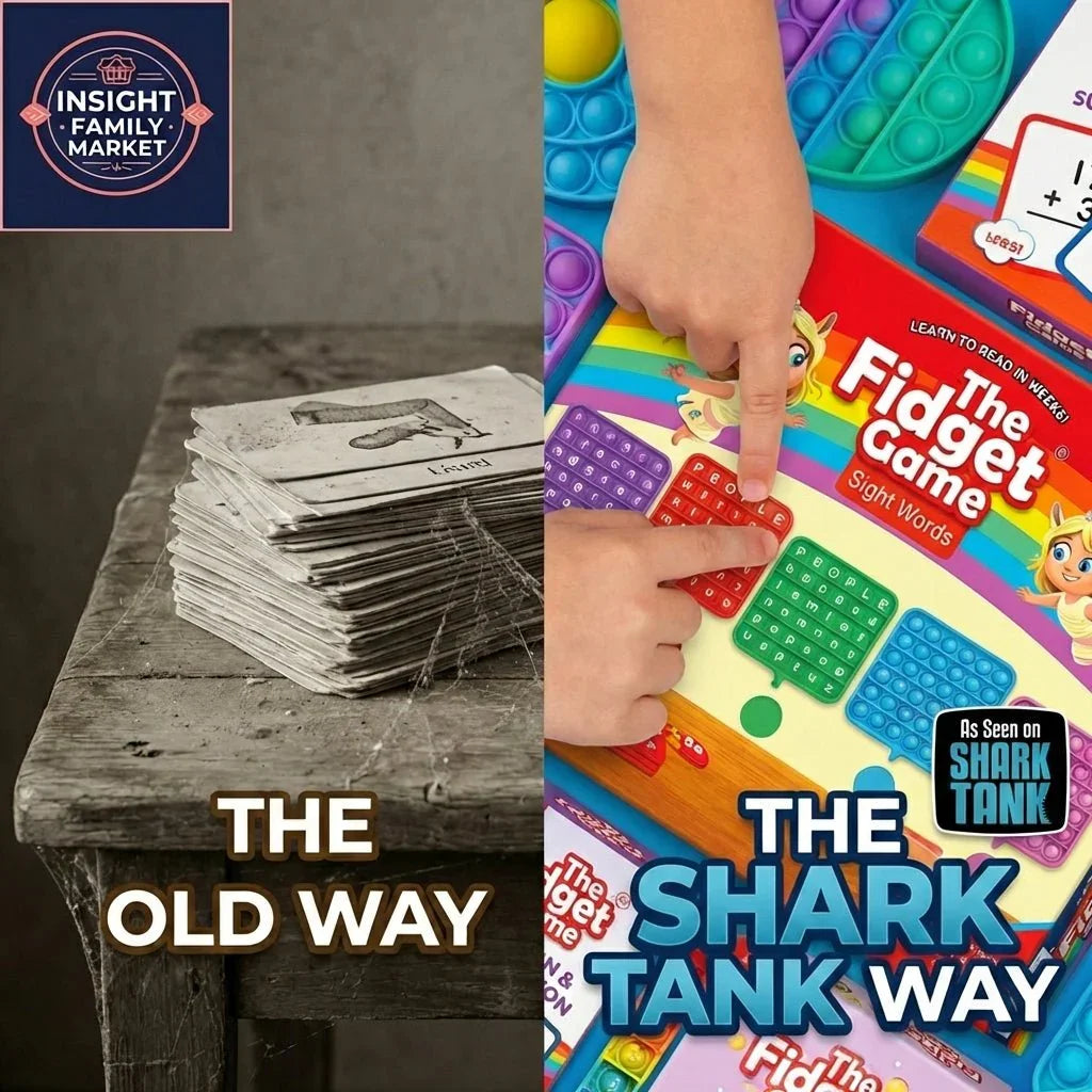 Side-by-side of old flashcards and kids using The Fidget Game sight words learning tool