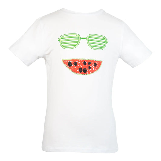 White graphic t-shirt with green sunglasses and watermelon slice forming a playful face design