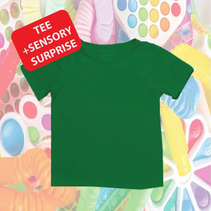 Green kids sensory-friendly t-shirt with sensory toy background, tee plus sensory surprise