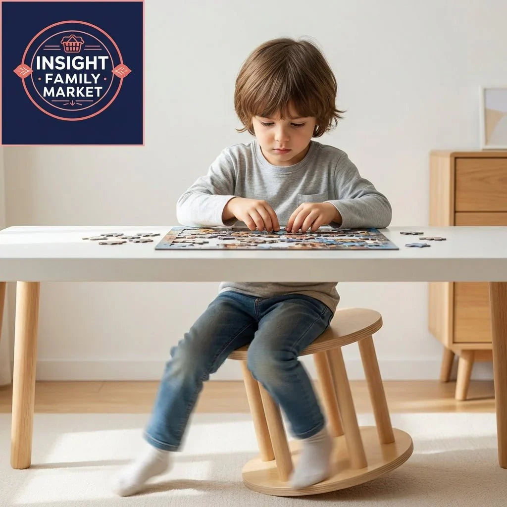 Child on wobble stool doing puzzle at table, active sitting, sensory-friendly furniture