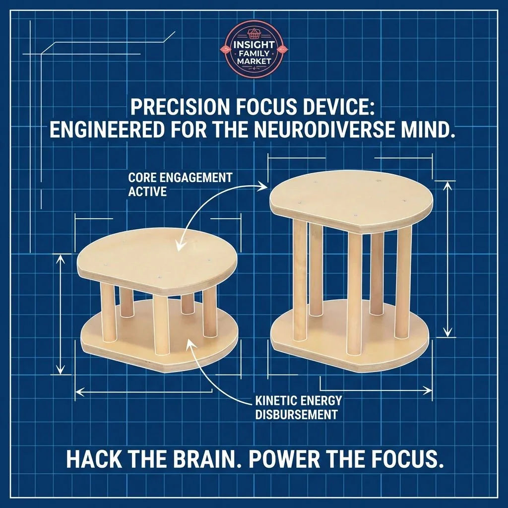 Wooden sensory-friendly focus stools on blueprint background with features for neurodiverse users.