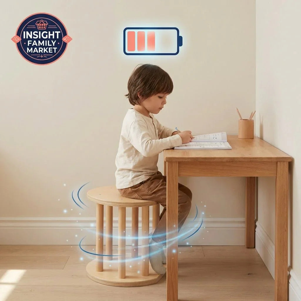 Child using a sensory-friendly wobble stool for focus at a wooden desk, with energy icon above