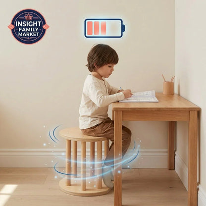 Child using a sensory-friendly wobble stool for focus at a wooden desk, with energy icon above