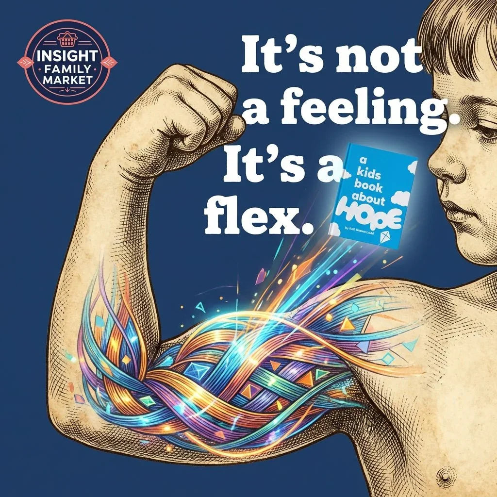Illustration of child flexing arm with colorful muscle design, text reads 'It's not a feeling. It's a flex.'