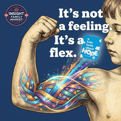 Illustration of child flexing arm with colorful muscle design, text reads 'It's not a feeling. It's a flex.'