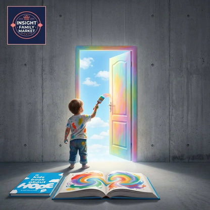 Child painting a colorful door to a bright sky, open hope-themed book on floor, inspiring kids