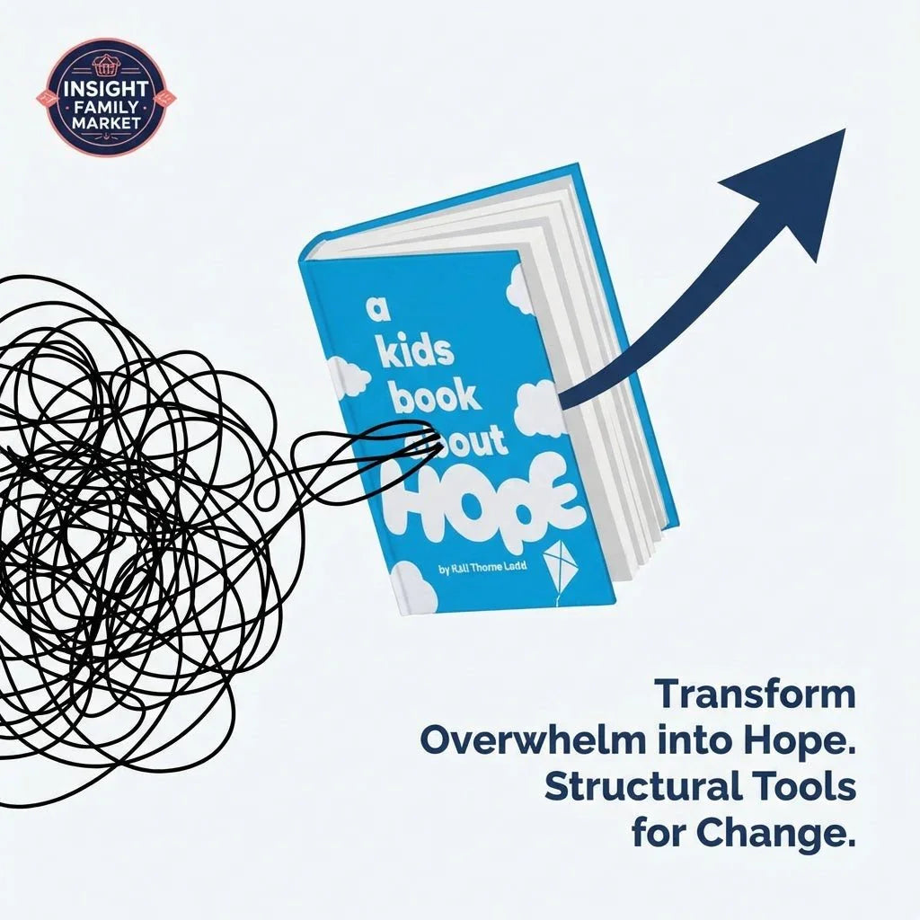 Illustration of a blue book titled 'a kids book about hope' turning scribbles into a clear upward arrow.