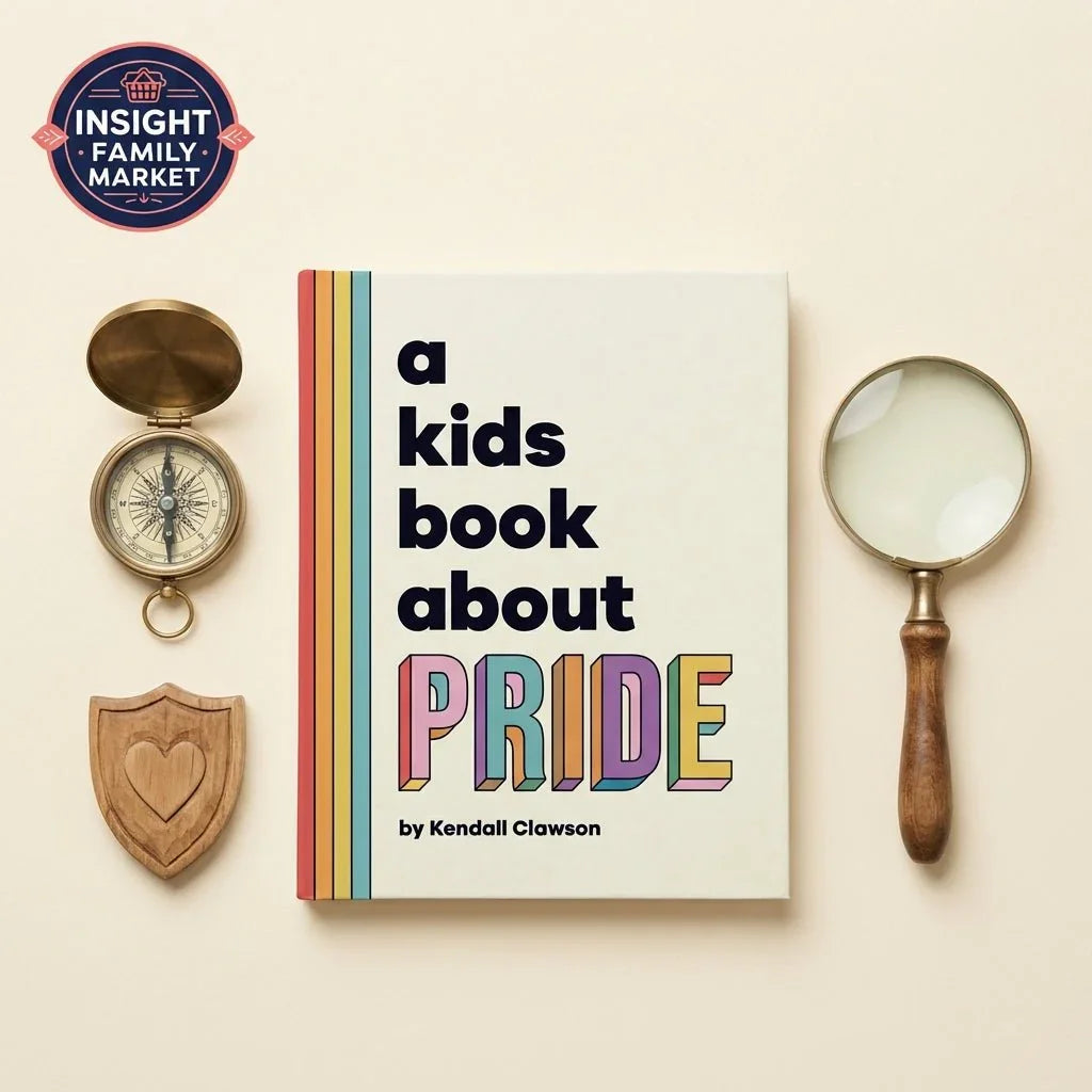A kids' book about pride with rainbow letters, next to a compass, magnifying glass, and wooden shield on a beige background.