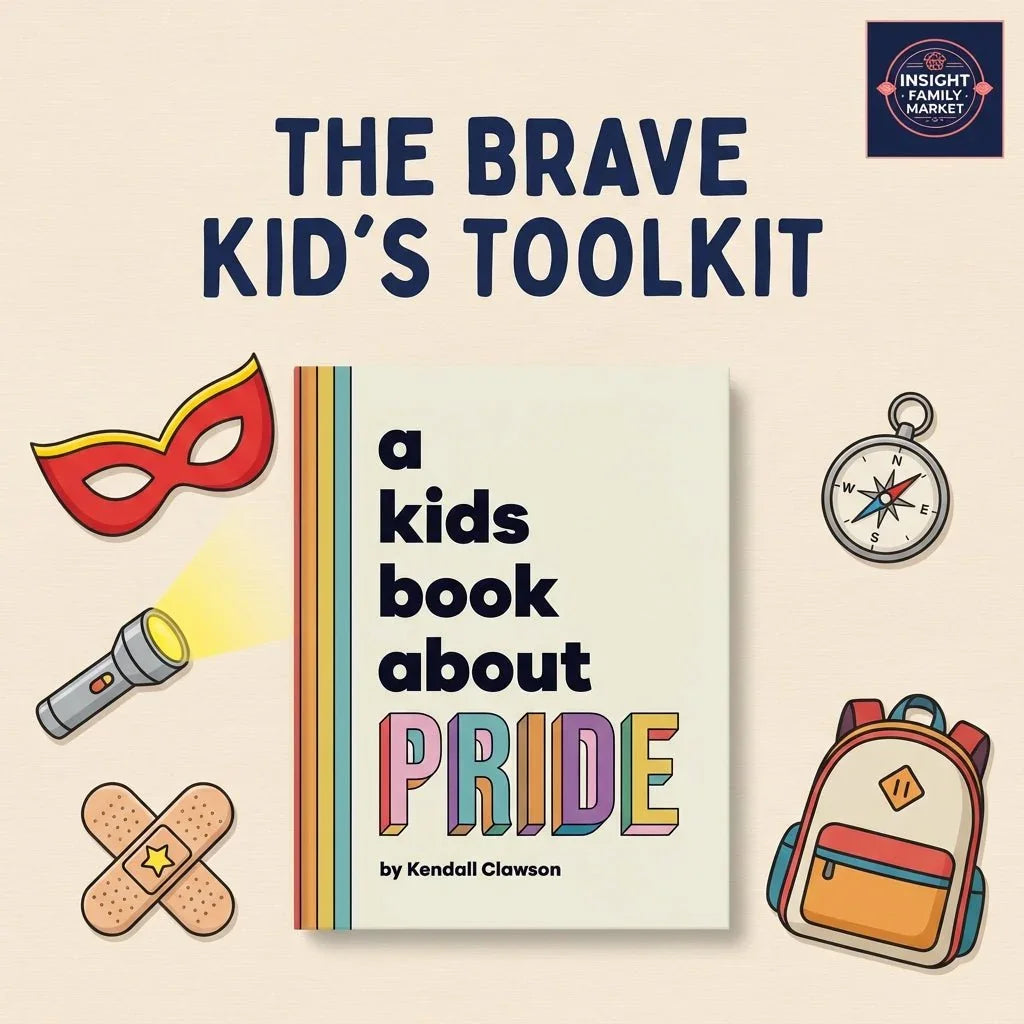 Children’s book about pride surrounded by kid’s toolkit icons: mask, flashlight, compass, backpack.