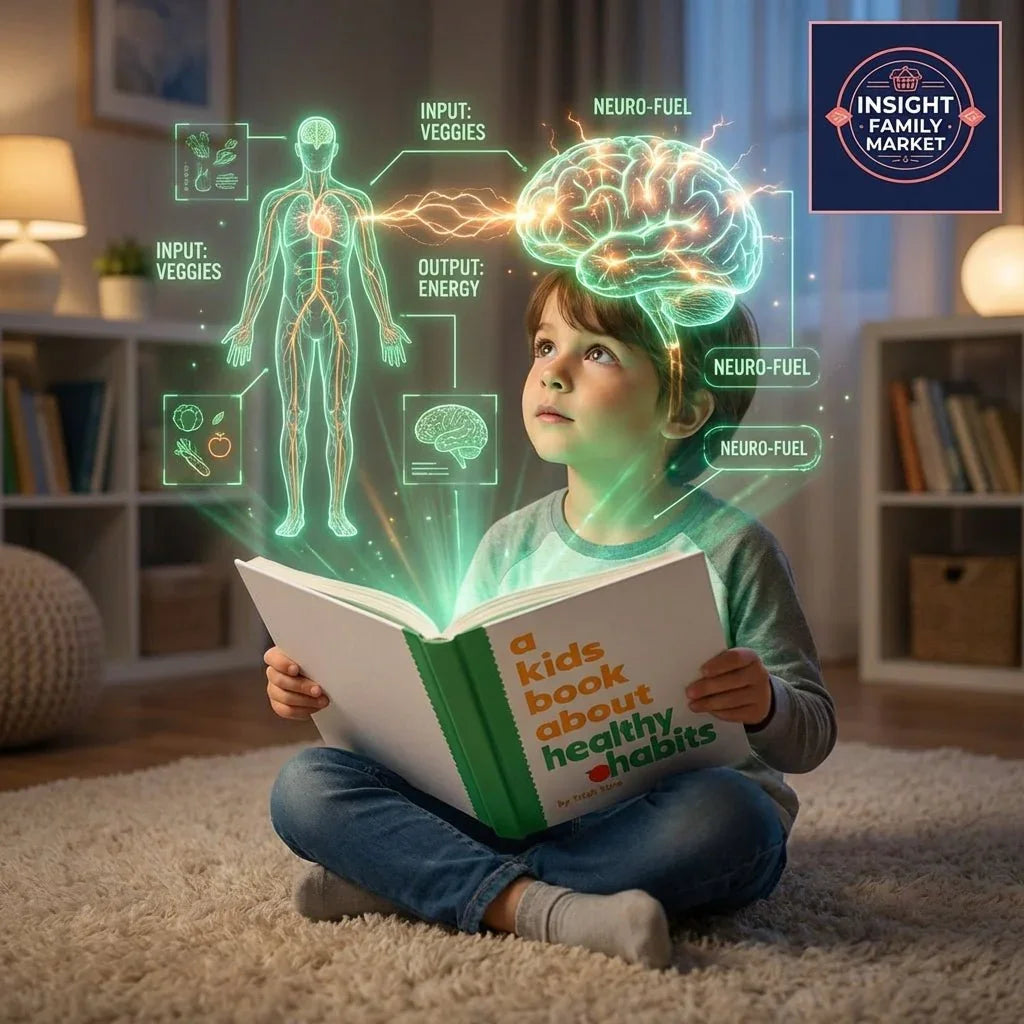 Child reading 'A kids book about healthy habits' with glowing brain and nutrition graphics