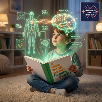 Child reading 'A kids book about healthy habits' with glowing brain and nutrition graphics