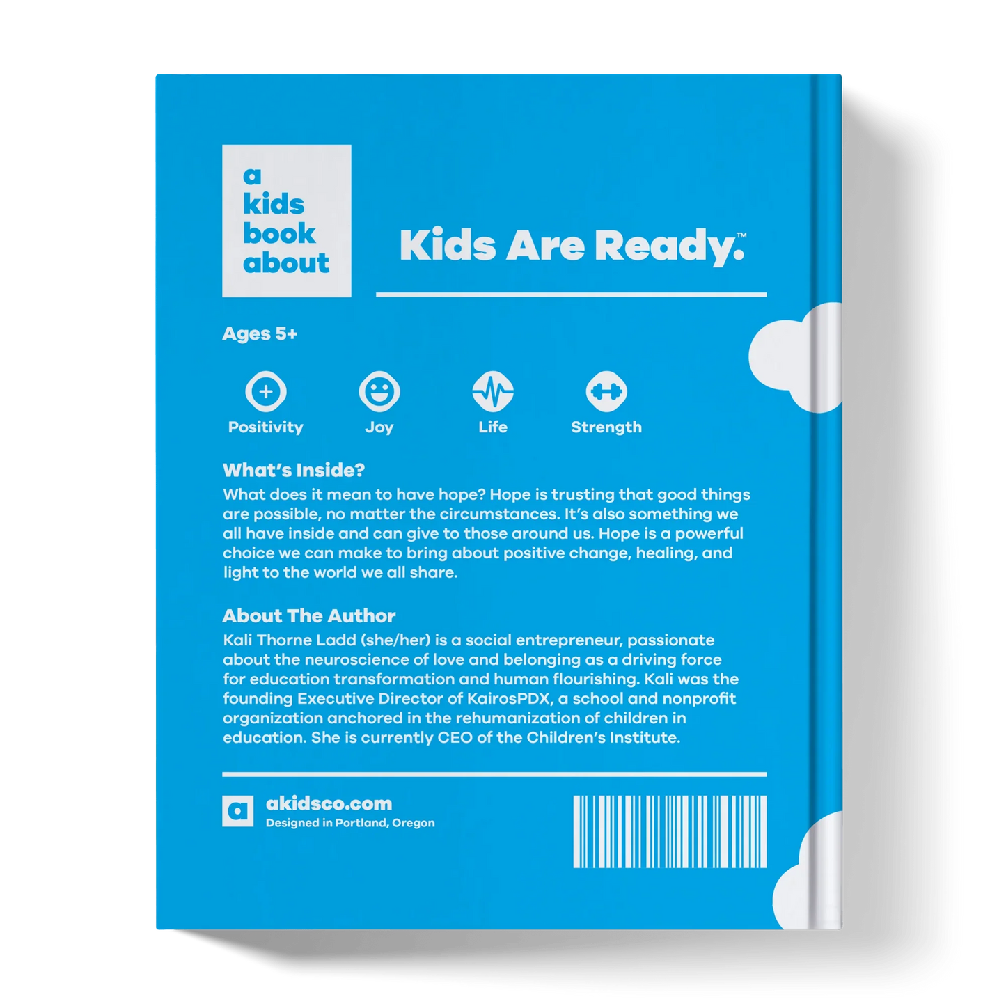Back cover of a blue children's book about hope, featuring text, icons, and author bio.