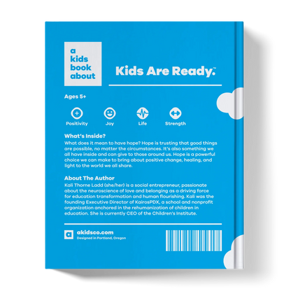 Back cover of a blue children's book about hope, featuring text, icons, and author bio.