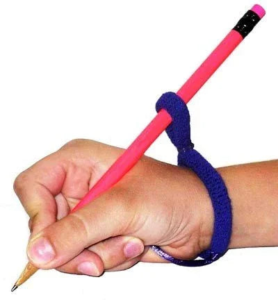 Hand wearing a blue writing aid holding a pink pencil for handwriting support