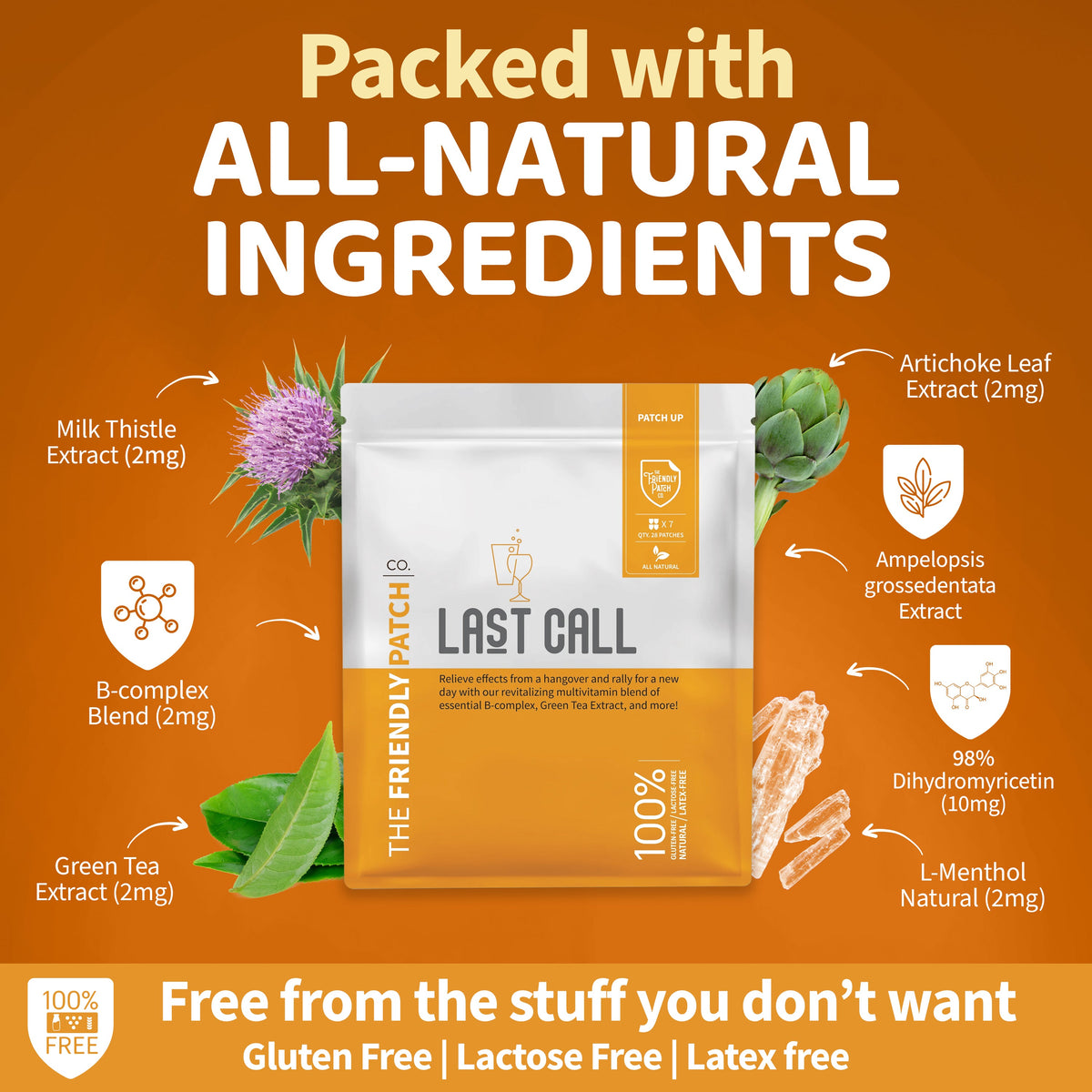 Product packaging with natural ingredients listed on an orange background