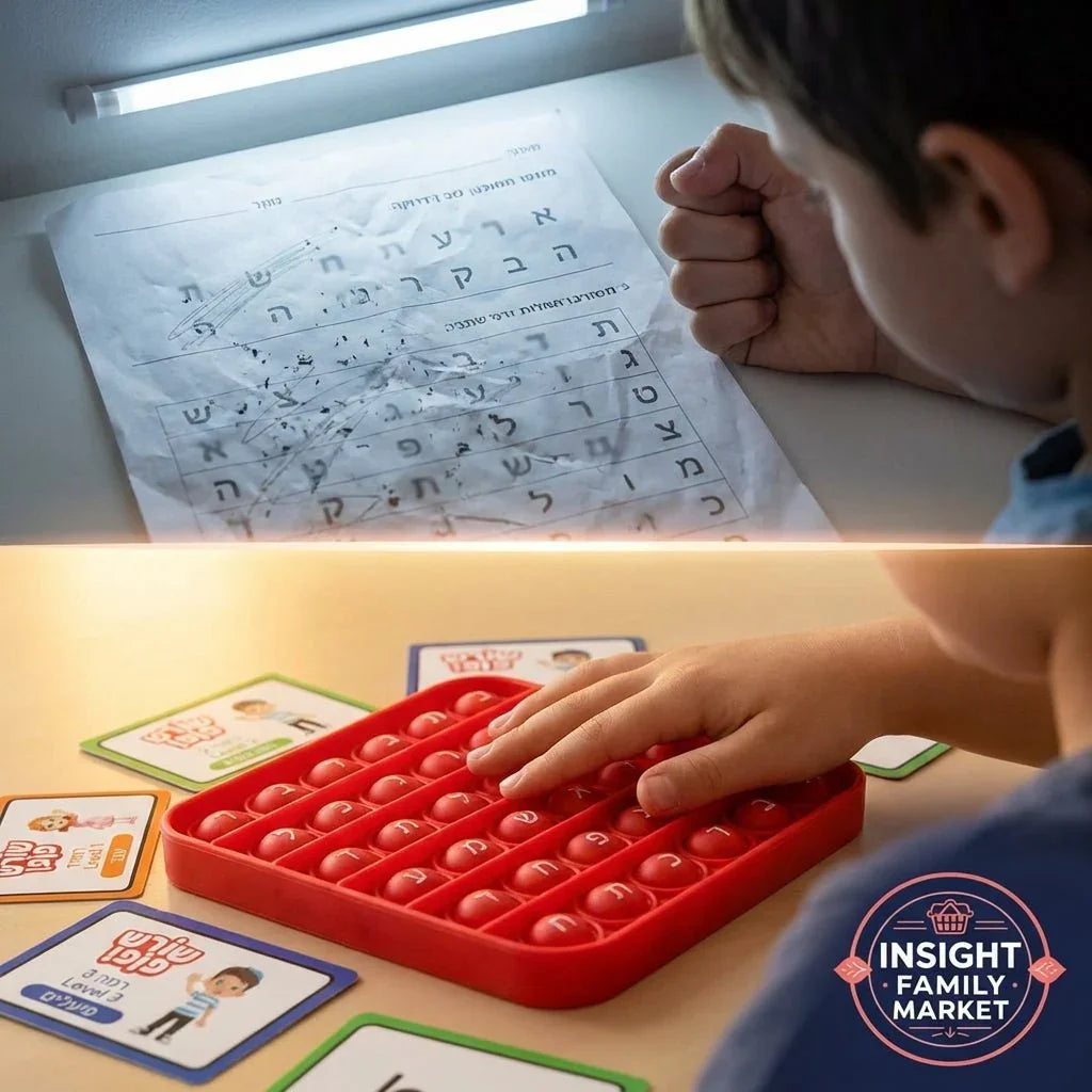 Child practicing Hebrew with a worksheet, sensory pop it, and learning flashcards