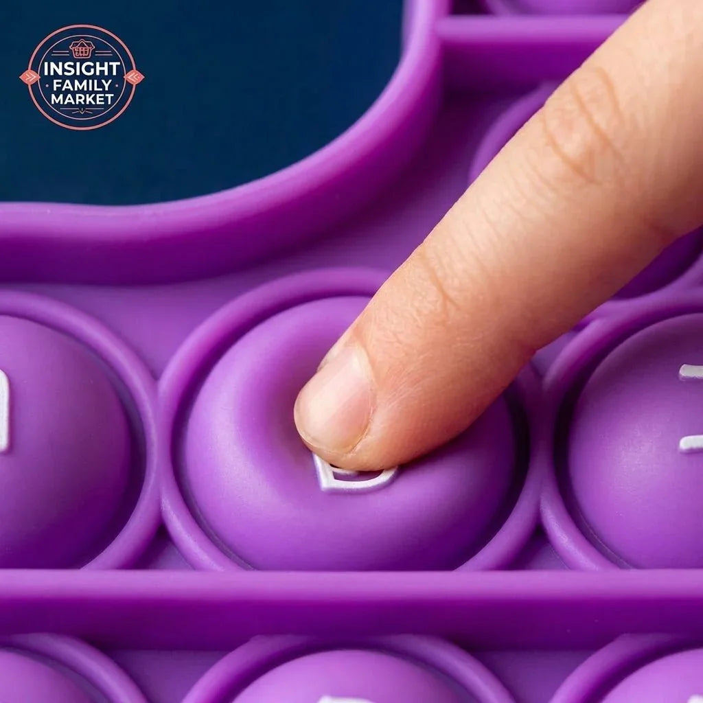 Finger pressing purple sensory pop it fidget toy with Hebrew letters for neurodiverse kids