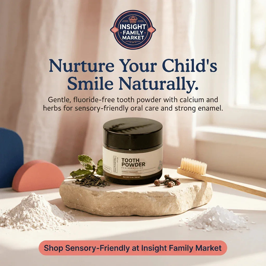Sensory-friendly fluoride-free tooth powder with herbs, natural toothbrush, and minerals.