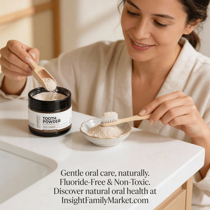Woman scooping natural fluoride-free tooth powder and applying it to a toothbrush at a bathroom counter.