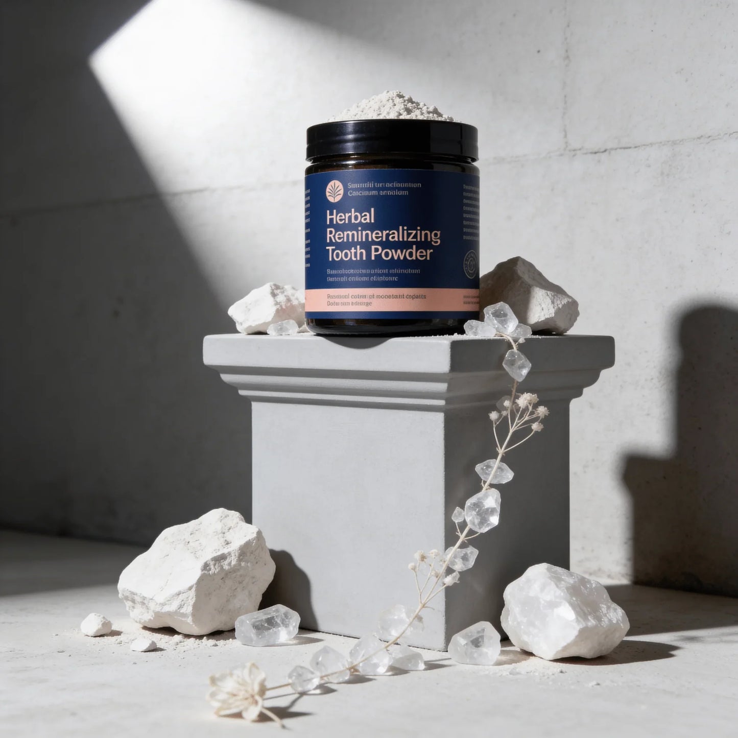 Herbal remineralizing tooth powder jar with powder, rocks, and crystals on a stone pedestal